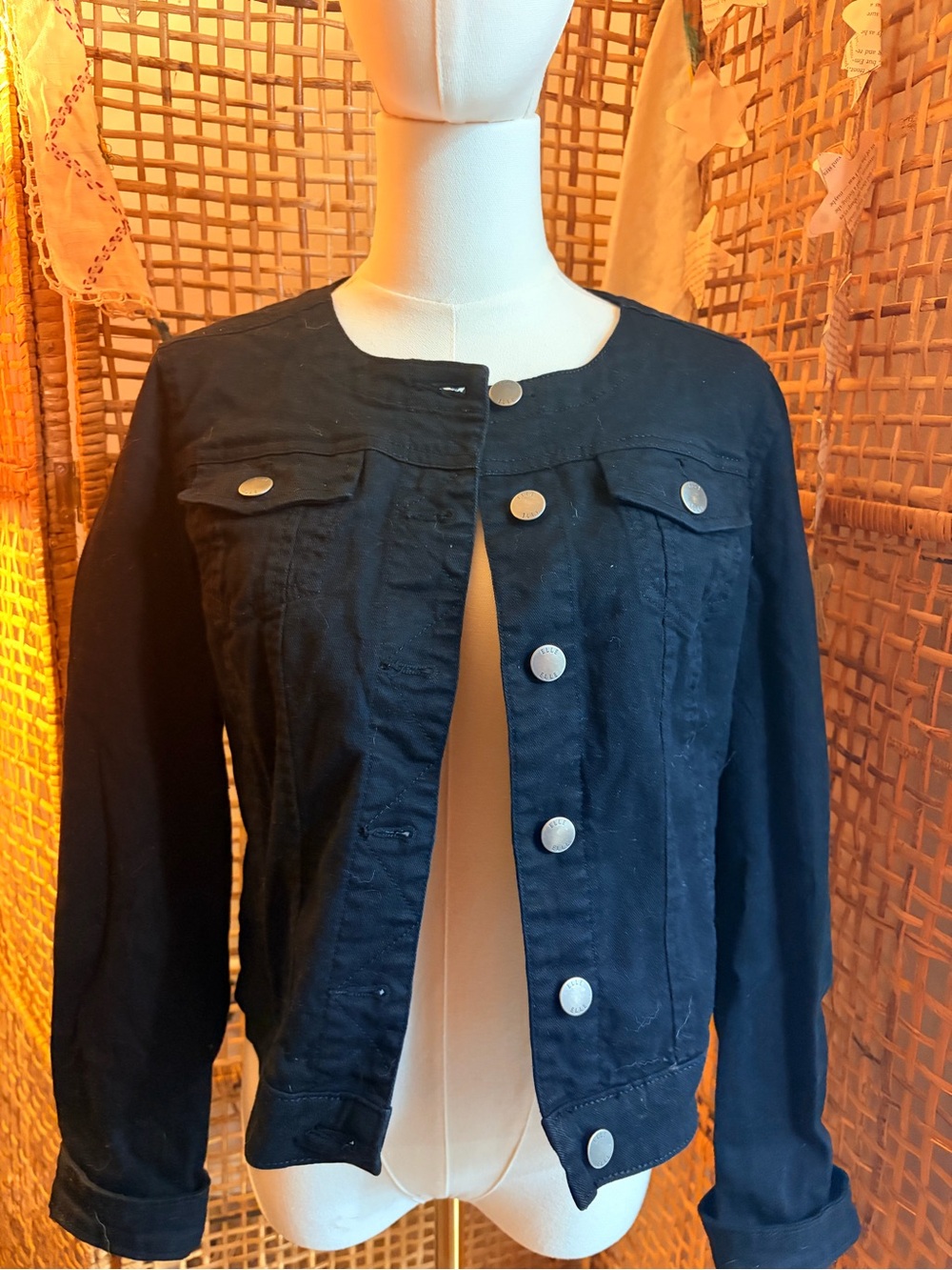 Elle Black Collarless Jean Jacket with Silver Buttons
